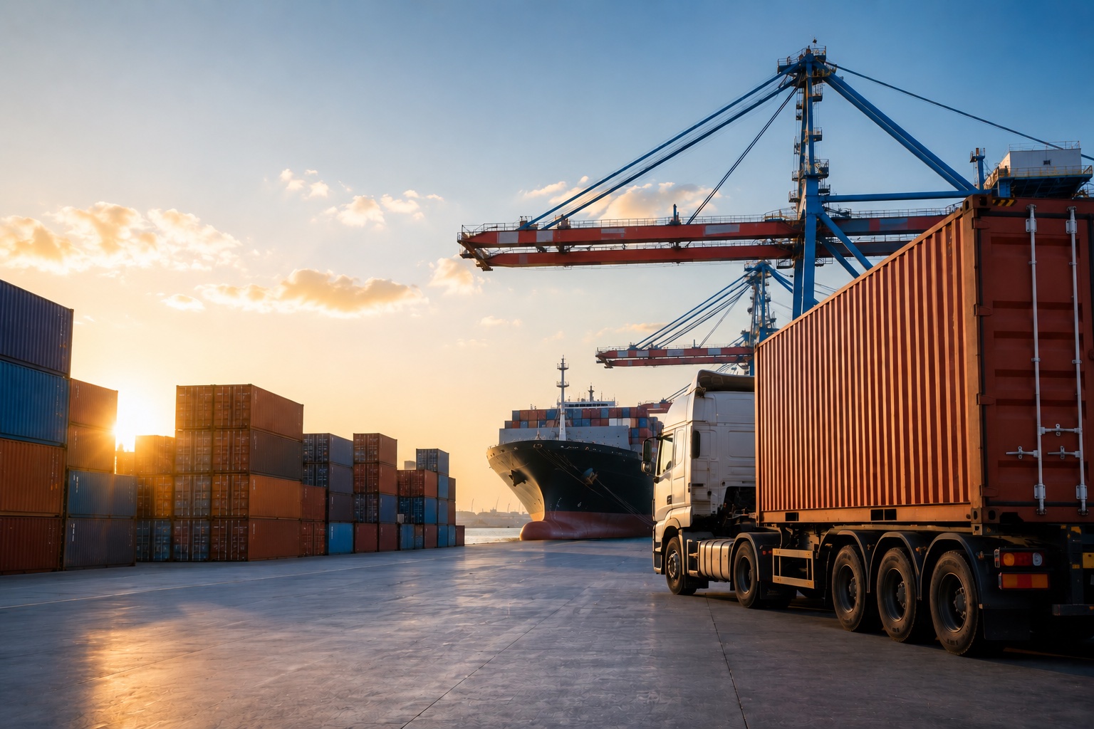 Cargo port at sunset